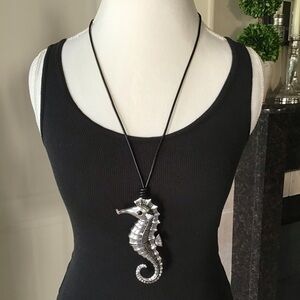 Seahorse Statement Necklace Black Cord Rhinestone Eye Reticulated Florida Beach